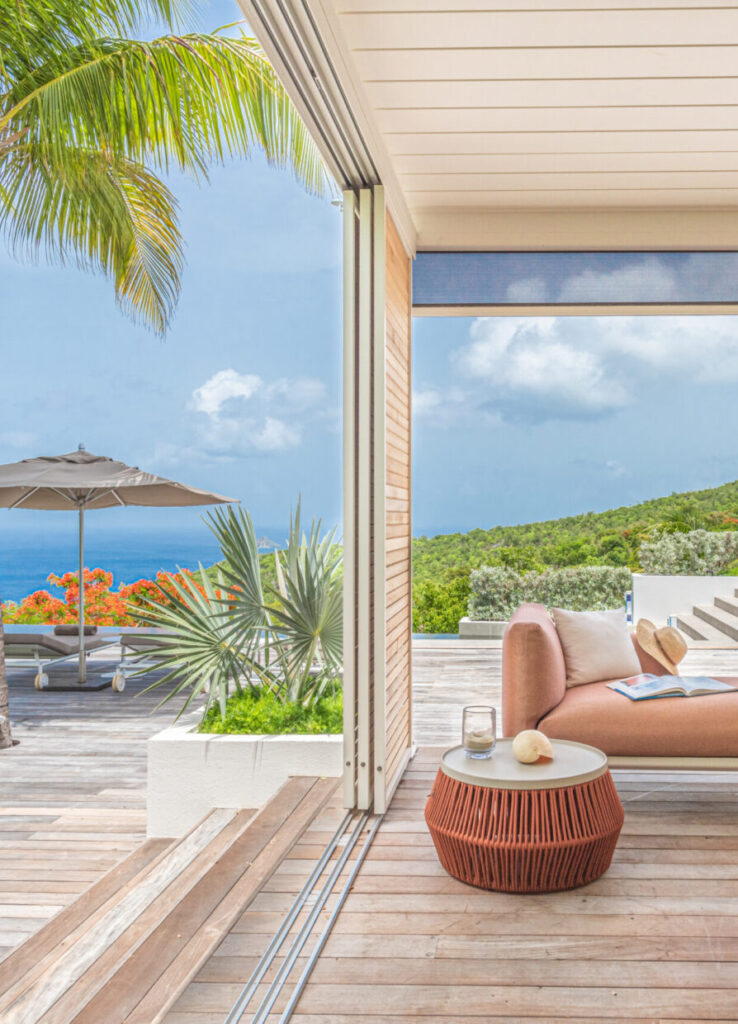 Villa Palm Springs St. Barts shaded deck lounge with ocean view